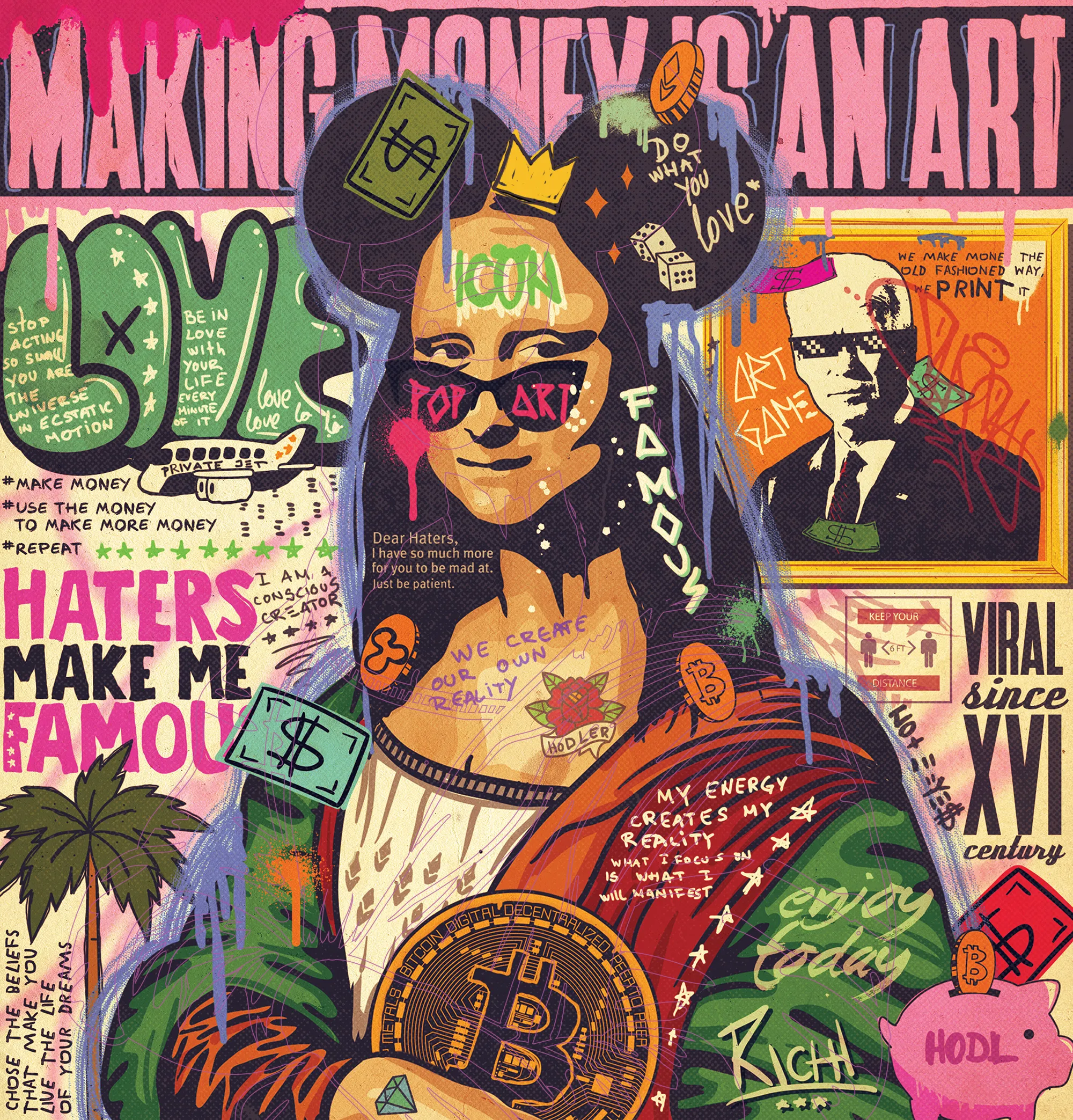 Portrait of Mona Lisa done in pop art fashion with street art influence and connected with key cryptocurrency symbols.

Viral since XVI century.