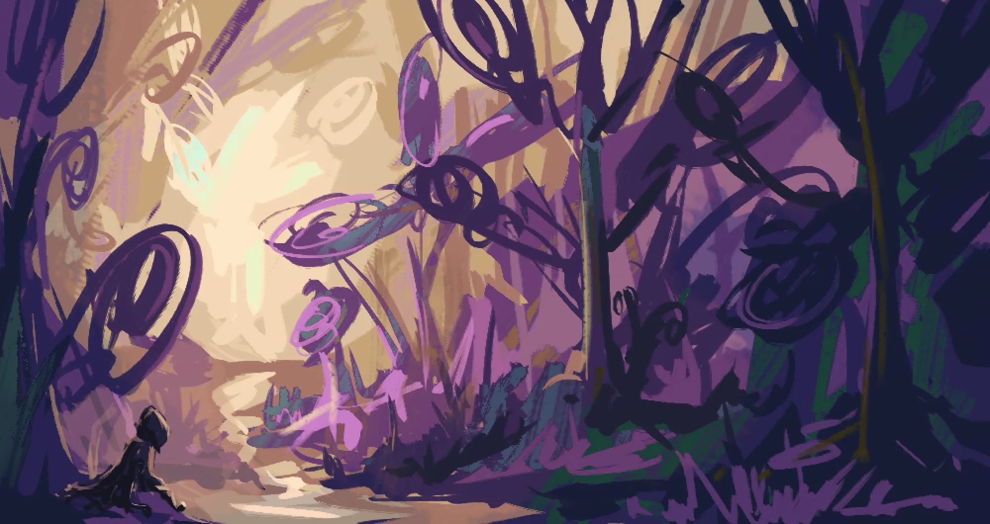 Everything used to be so simple. The hero sighed, remembering her favorite place where she used to escape from her daily responsibilities. The jungle, it was dangerous and wonderful, always booming with life. Wondering if it was still as lively as she remembered, she hoped it was.

This is a continuation of the Forest Dungeon piece, with the same main character. There is much more of the story to come, including some prequels and the back-story. 

About the art
I've drawn quite a few forests in the past month, so I wanted a more fantasy/ alien jungle look this time. I used a few layers to make atmospheric perspective easier. This way I could work on middle and foreground layers separately, adding more details on the go. Lastly I an extra color pass, I used the want door to select areas and I added some contrasting brush strokes.