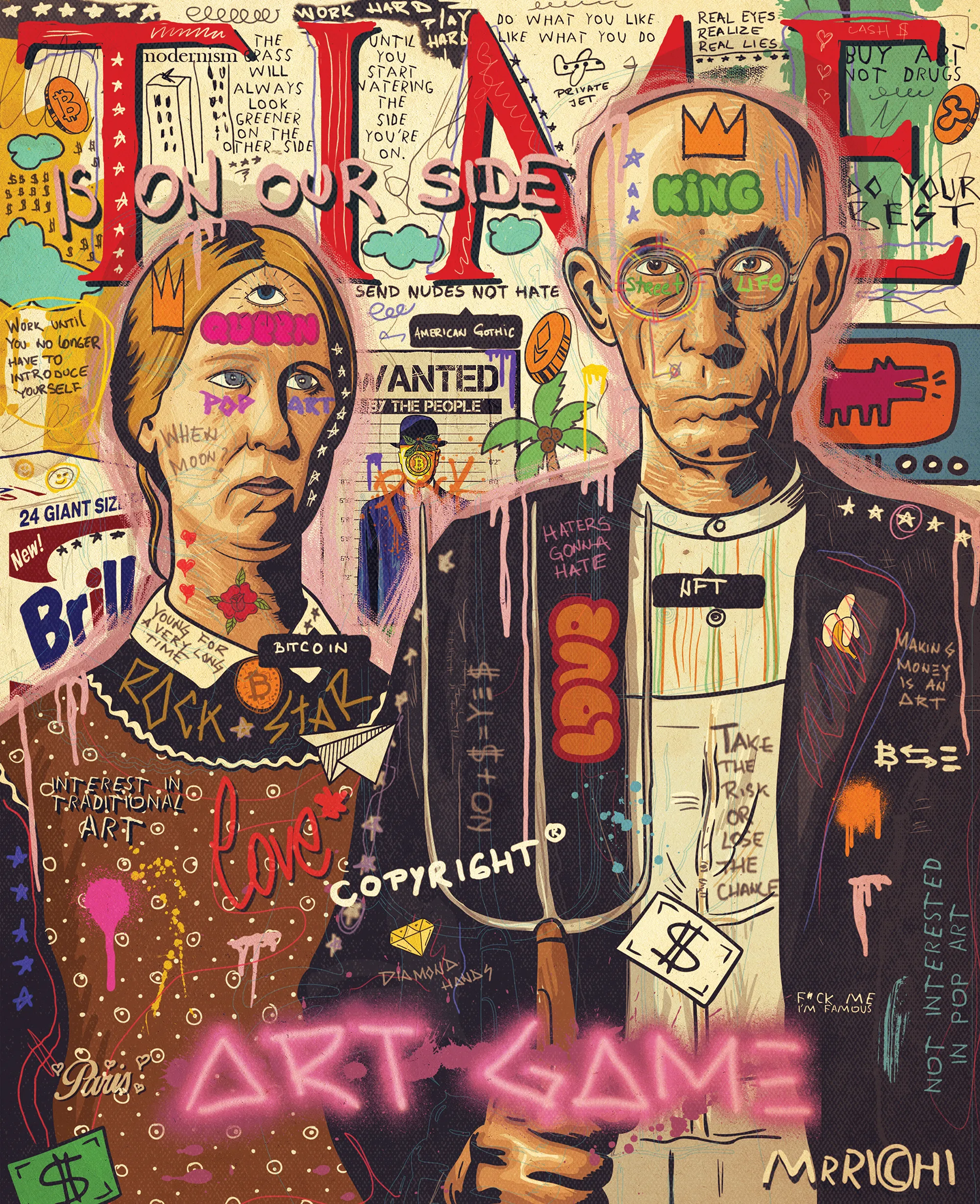Pop art piece based on reinterpretation of American Gothic painting.
The artwork is also inspired by street art and includes various art and cryptocurrency references.