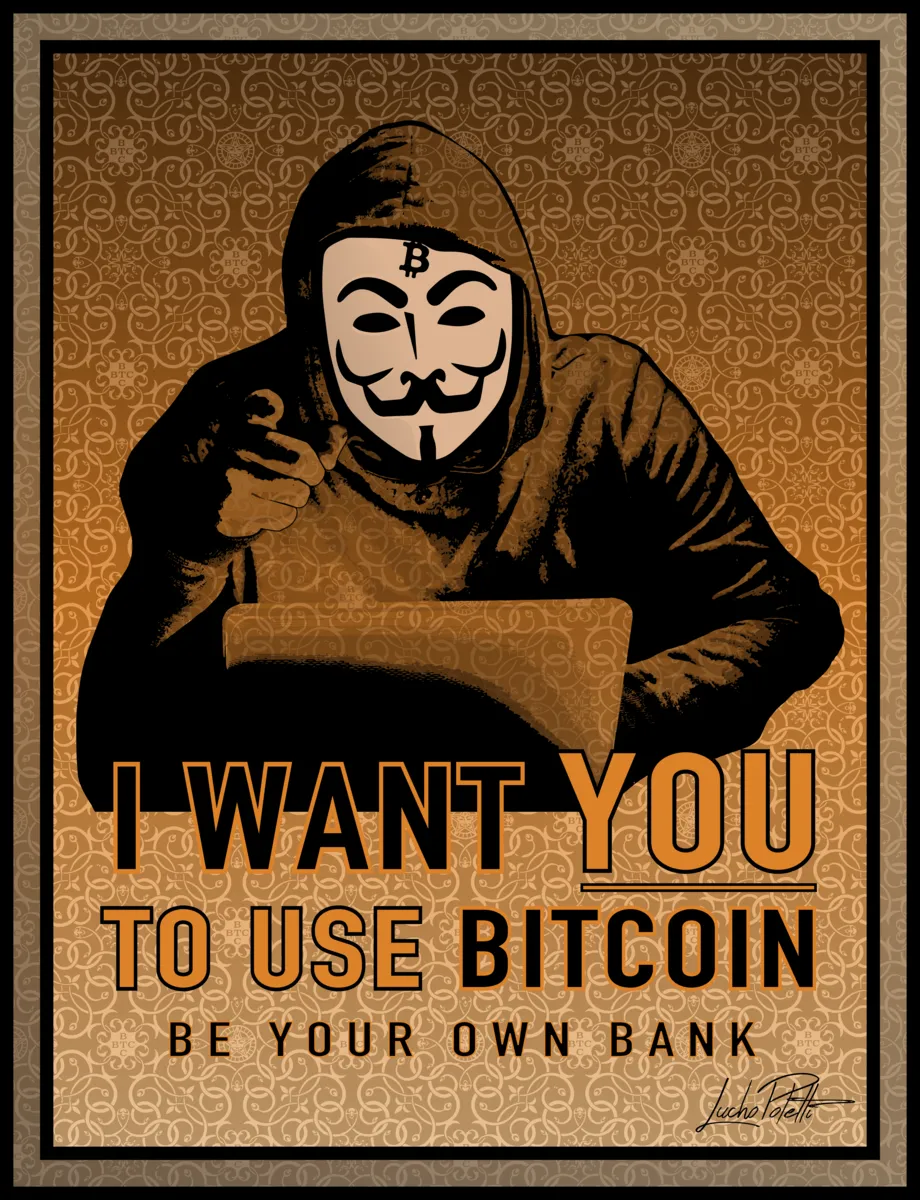 Uncle Satoshi wants you to use Bitcoin! Considering how these WWII propaganda posters reflected the technological, political, & cultural trends of the 20th century, I decided to base this artwork on the classic World War 2 propaganda poster featuring Uncle Sam and use it to promote Bitcoin as a movement for self-sovereignty, in which each individual can be their own banks, hold their own money, and transact peer-to-peer with whoever they want without fear of government interference or censorship. The majority of the public is skeptical, and believes Bitcoin to be little more than a risk-on speculative trade. In reality, it represents the separation of money and state. Join the sound money revolution & be your own bank. Use Bitcoin.