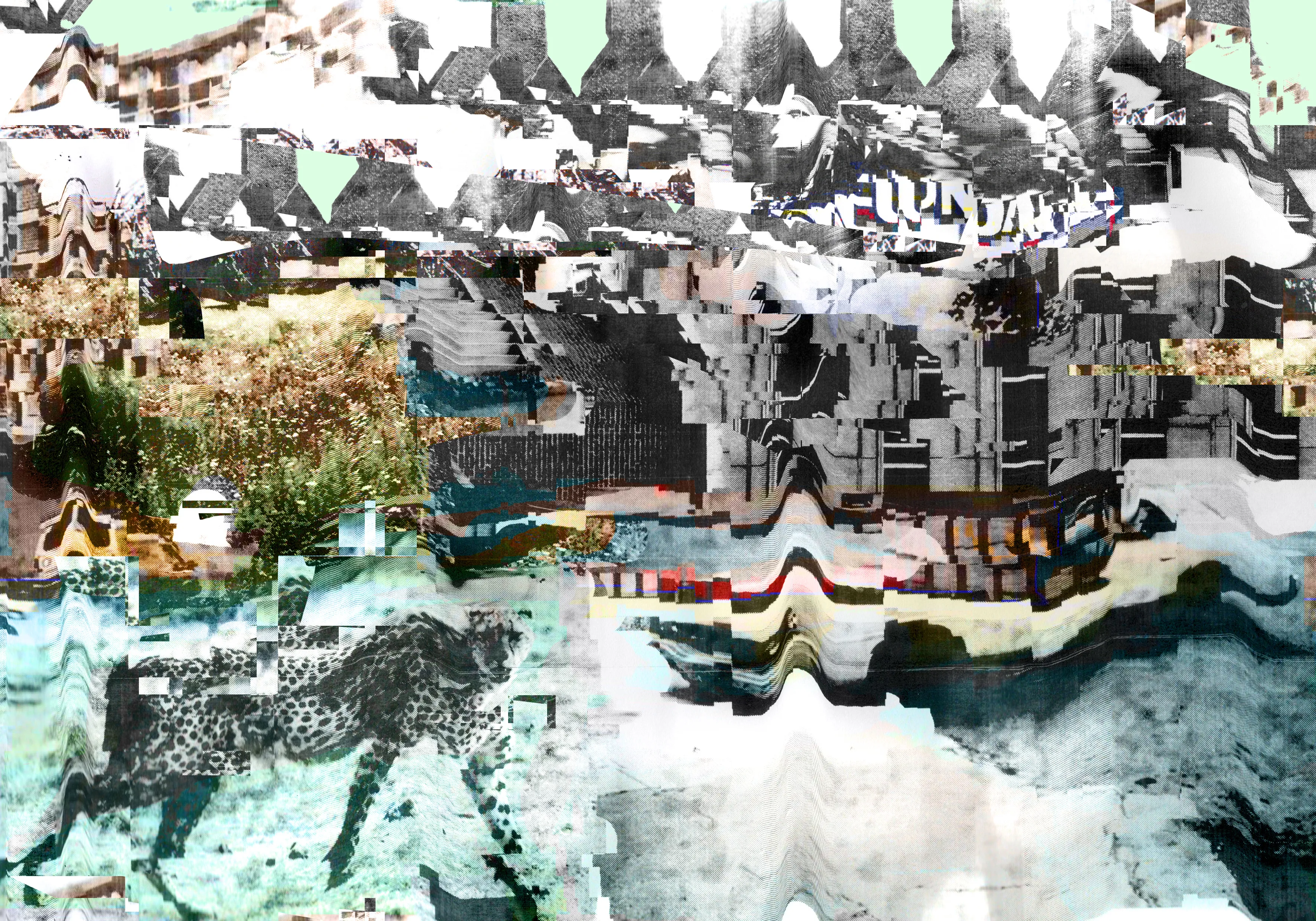 Harman's The Pentland Experiment is an on-going project which depicts an alternative reality on the outskirts of Edinburgh. Using electronic techniques, which converge the digital and physical, Harman creates abstracted motifs within sparse landscapes. Figures and structures are deliberately blurred from the viewer in these highly staged algorithmic compositions. Within the corruption of the digital, there is a break up of information, which leaves the viewer flickering between abstraction and figuration