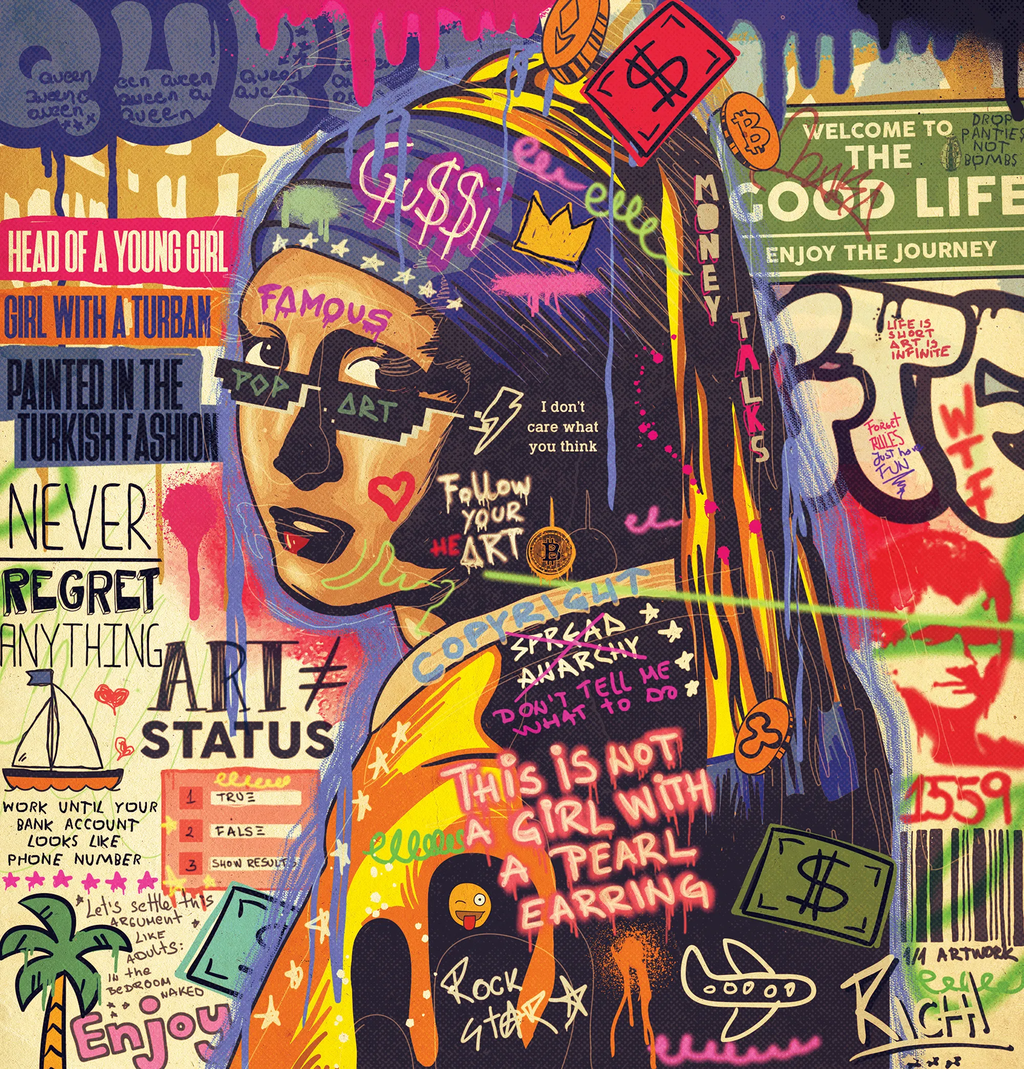 Pop art style portrait of the Girl with a pearl earring aka Mona Lisa of the North infused with cryptocurrency symbols and graffiti.