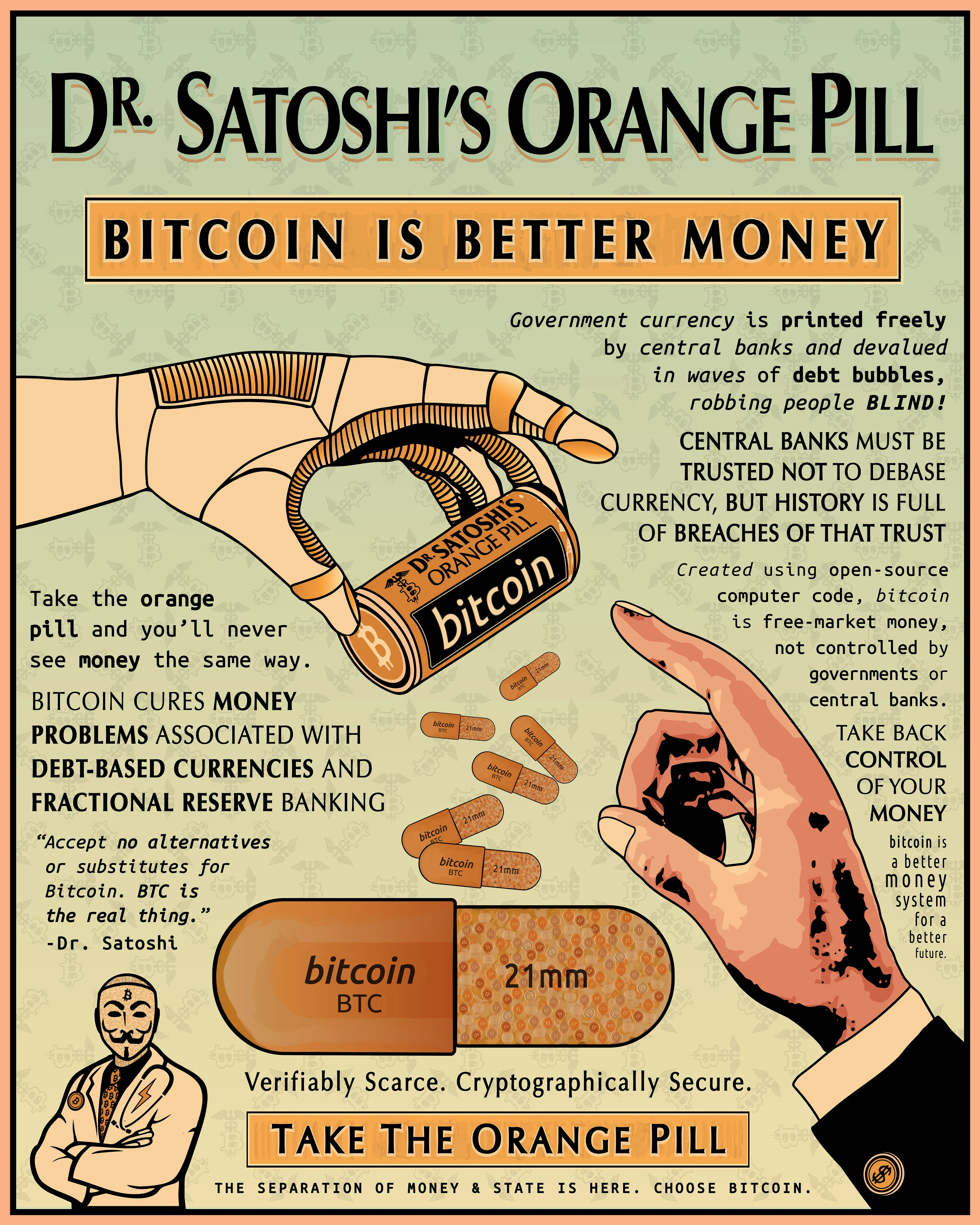 Once you take the orange pill 💊
You'll never see money the same way 💰
Part of Lucho's "Cure what ails you" Bitcoin art series, Dr. Satoshi's Orange Pill takes inspiration from vintage pharmaceutical advertisements and brings them to life with more color, modern drugs, and a doctor who would never commit an error prescribing you the perfect cure for what ails you.