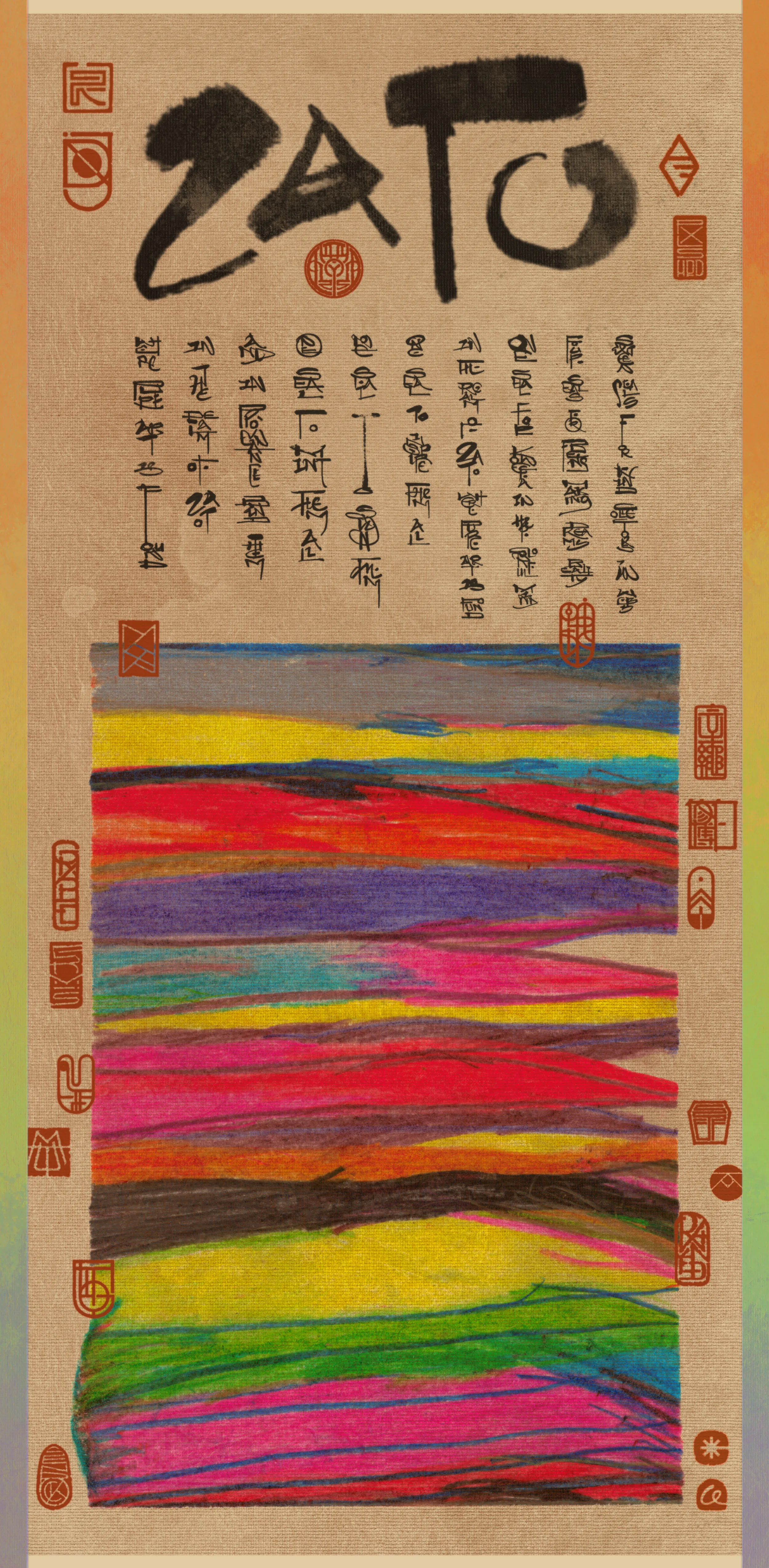 "Sixteen Seals for kind Collectors in web3,  
Four Seals for Frens making dream reality, 
One Seal for Kowecka in her colorful mind  
In the realm of ZATO where pure art is found.

One Seal to inspire them all, One Seal to sign them,  
One Seal to mint them all and in provenance bind them

In the realm of ZATO where pure art is found."


---  
Commemorating ZATO in Artizen's Season 3.