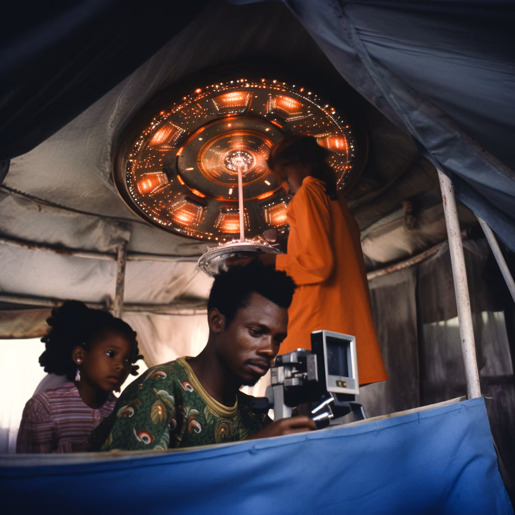 “Planet Hibiscus is a planet that feels old, but is more advanced than ours or any other planet in the universe. With the help of MidJourney, I imagined being sent as a photographer to document the coronation and wedding of Hibiscus’ new monarch and her partner. I imagined shooting the experience on a medium-format film camera. 

In ‘Planet Hibiscus,’ we see kids gathering wool and ribbons from the lake to receive the royal couple. We get a peek at the event crew holding rehearsals with dancers and entertainers. We meet the chefs responsible for the event’s delights. We watch the queen arriving in her royal carriage. We even catch a glimpse of a guest struggling to get a ride to the event.” — Adaeze Okaro