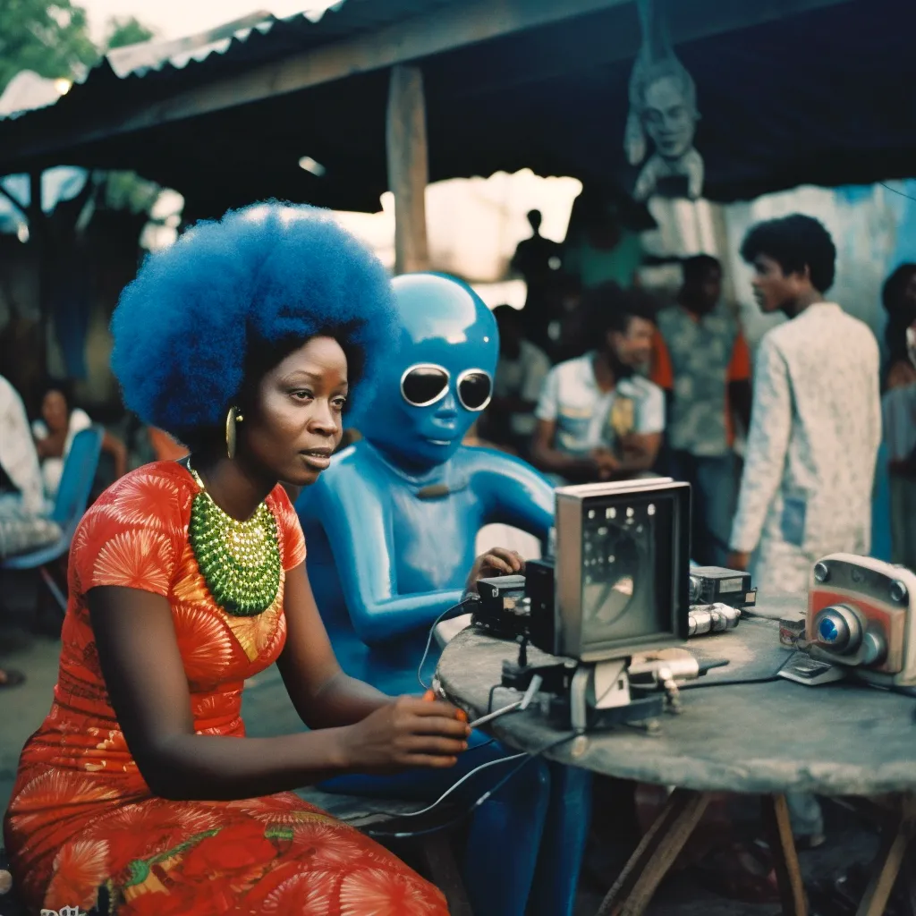 “Planet Hibiscus is a planet that feels old, but is more advanced than ours or any other planet in the universe. With the help of MidJourney, I imagined being sent as a photographer to document the coronation and wedding of Hibiscus’ new monarch and her partner. I imagined shooting the experience on a medium-format film camera. 

In ‘Planet Hibiscus,’ we see kids gathering wool and ribbons from the lake to receive the royal couple. We get a peek at the event crew holding rehearsals with dancers and entertainers. We meet the chefs responsible for the event’s delights. We watch the queen arriving in her royal carriage. We even catch a glimpse of a guest struggling to get a ride to the event.” — Adaeze Okaro
