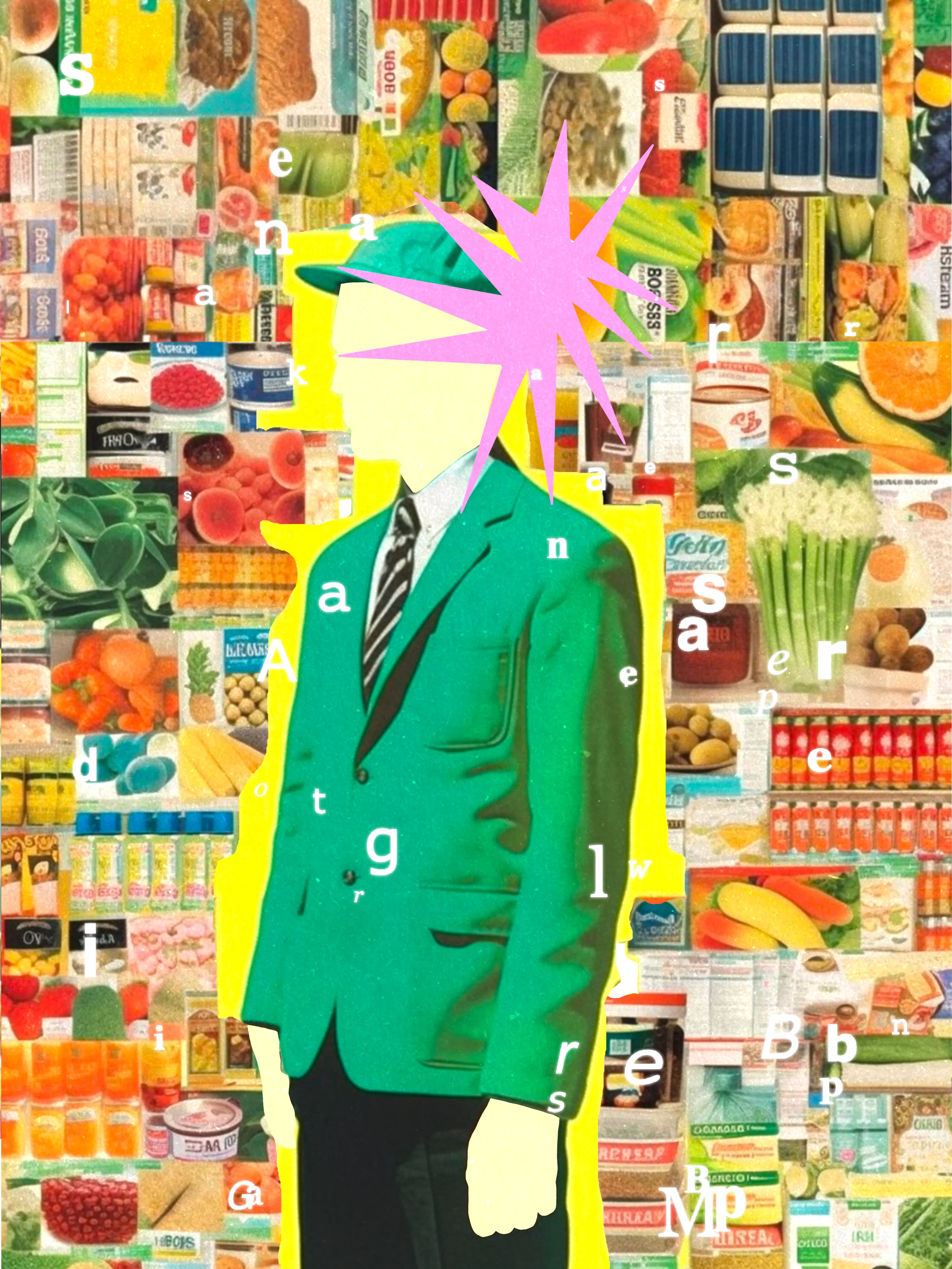 “I remember my childhood home in Quartier Escale. The checkered staircase led to a corridor flanked by walls featuring oil paintings of Scrooge McDuck and other old-school Disney characters (or my grandfather’s best attempts at painting them). The outdoor cinema to the right, which he passionately managed, mostly showed Hindi movies and Westerns. The sweet smell of warm brioche wafted up and into the house through the balcony from the bakery on the ground floor. The bakery was once a grocery store, Chez Jo, where I spent many days as a toddler greeting my grandmother’s customers, while my parents attended school in a different town. 

Movie posters, plastered ads for sweet condensed milk, branded sacs of flour and onions and potatoes, cases of soda and beer in green glass bottles, camembert and brie wrapped in glossy paper, jars of pickled olives and chili and carrots — a symphony of colors now muted by a faltering memory. 

Fine art didn’t find its way to my hometown. We didn’t have museums or galleries. We didn’t have stewards of the finer things in life to tell us what beauty meant and what was worth contemplating. We had our own stuff, heaps of everyday life stuff, full of history and a distinct visual language that I contemplated in awe as a child. 

In the digital memory of the world, as evidenced by AI, my hometown is a blur, my people are distortions, and our perspective on art doesn’t matter. “Chez Jo” is a brute-force attempt at remembrance, coercing Midjourney to conjure up a sense of place and time it does not know well, using references it barely understands. 

‘Chez Jo’ is a series of 61 works created in a procedural way with Midjourney and p5js. Through a traditional collage technique and stubbornness, my grandmother’s grocery store comes to life, imperfect and elusive, much like my memory of it.” — Linda Dounia