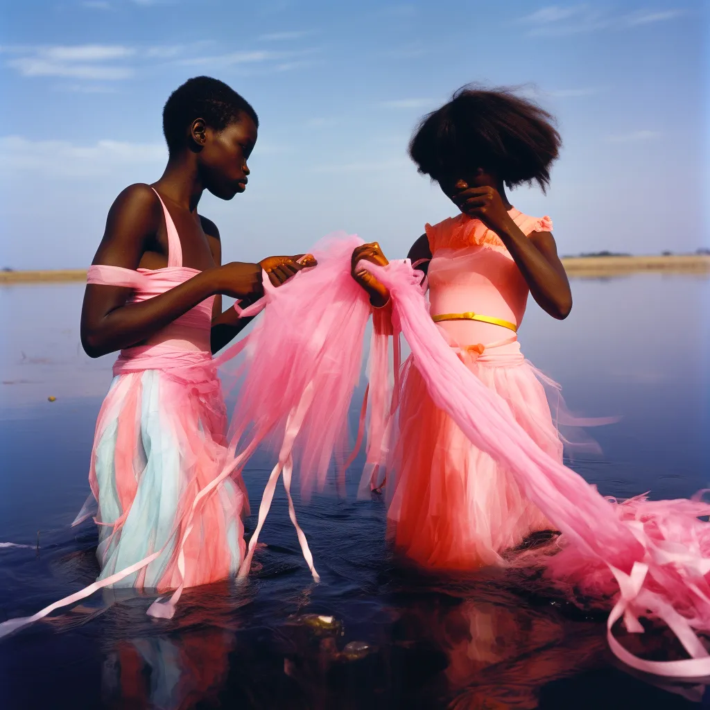 “Planet Hibiscus is a planet that feels old, but is more advanced than ours or any other planet in the universe. With the help of MidJourney, I imagined being sent as a photographer to document the coronation and wedding of Hibiscus’ new monarch and her partner. I imagined shooting the experience on a medium-format film camera. 

In ‘Planet Hibiscus,’ we see kids gathering wool and ribbons from the lake to receive the royal couple. We get a peek at the event crew holding rehearsals with dancers and entertainers. We meet the chefs responsible for the event’s delights. We watch the queen arriving in her royal carriage. We even catch a glimpse of a guest struggling to get a ride to the event.” — Adaeze Okaro